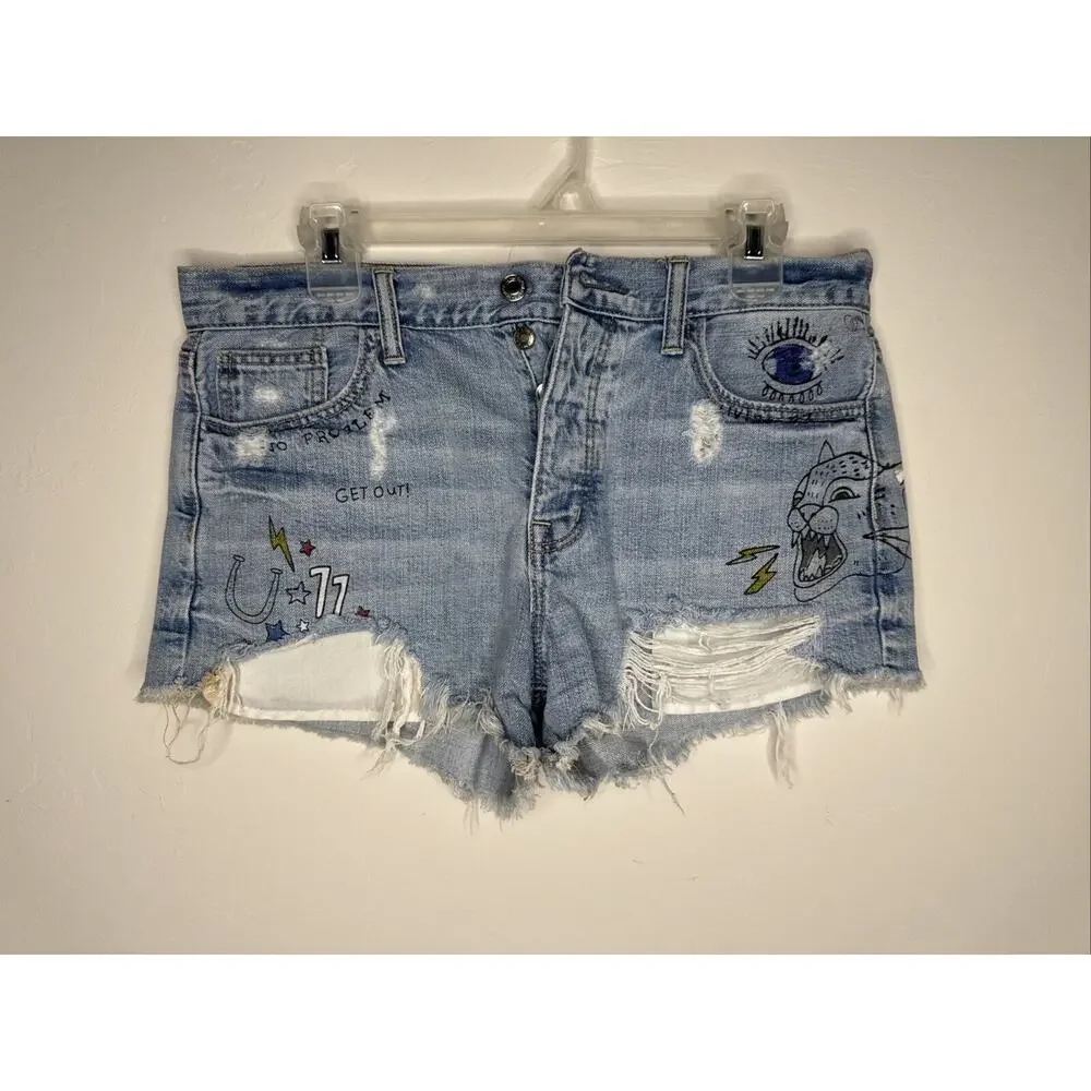 American Eagle Shorts Womens 10 Vintage Jean‎ Denim Artwork Graffiti Distressed
